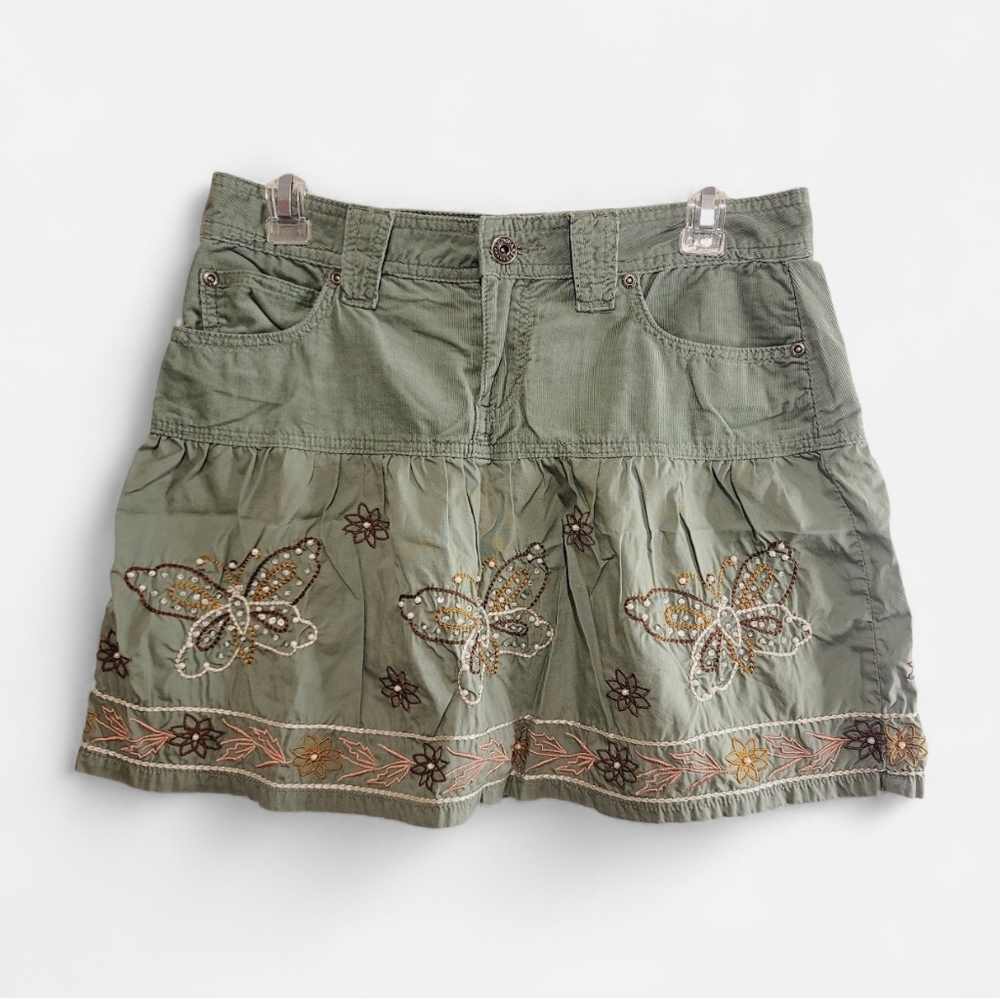 YMI Y2K Green Embroidered Floral Butterfly Embellished Sequins Pearl Beads Skirt